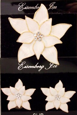 CHR16 Eisenberg Ice white enamel poinsettia pin & earrings