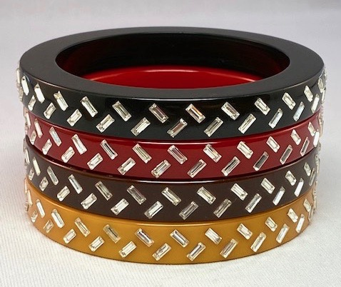 AB156 Rare Lain 7/16" herringbone inlaid rhinestone bakelite bangles