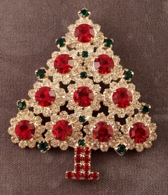 CHR14 Hobe 4 row ruby rhinestone xmas tree pin