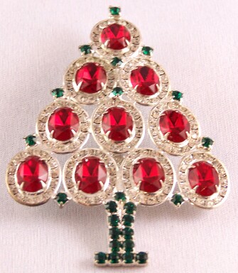 CHR19 Hobe red oval rhinestone xmas tree pin