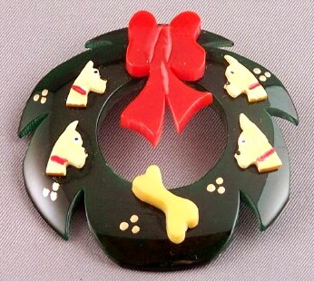 Foltz 28 green bakelite wreath pin w scotties