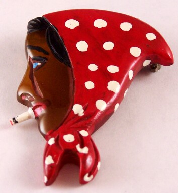 RPO12 repro bakelite cigarette woman pin