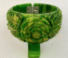 AB149 marbled green bakelite 3D flower carved hinged bracelet